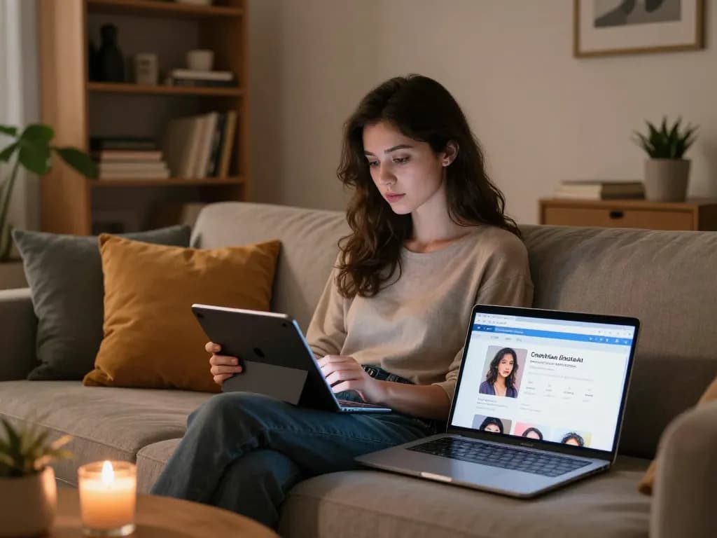 Engaging in ai sex chat on Crushon.AI with a customizable virtual companion in a cozy urban living room.