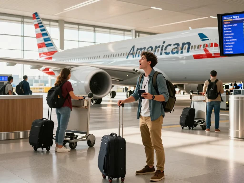 Traveler excitedly gazing at the American Airlines 789P aircraft in a bustling airport terminal.