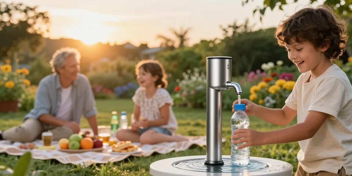 Family using Waterdrop Gravity-fed Water Filter System in a garden for fresh hydration.