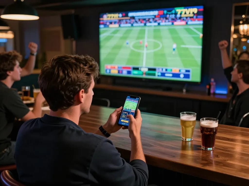 Sports betting enthusiast engaging with the 777VIP app while watching live games.