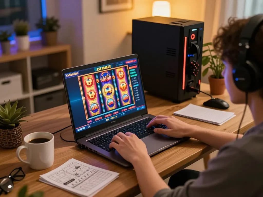 engaging in nổ hũ on a vibrant online gaming setup with warm ambient lighting