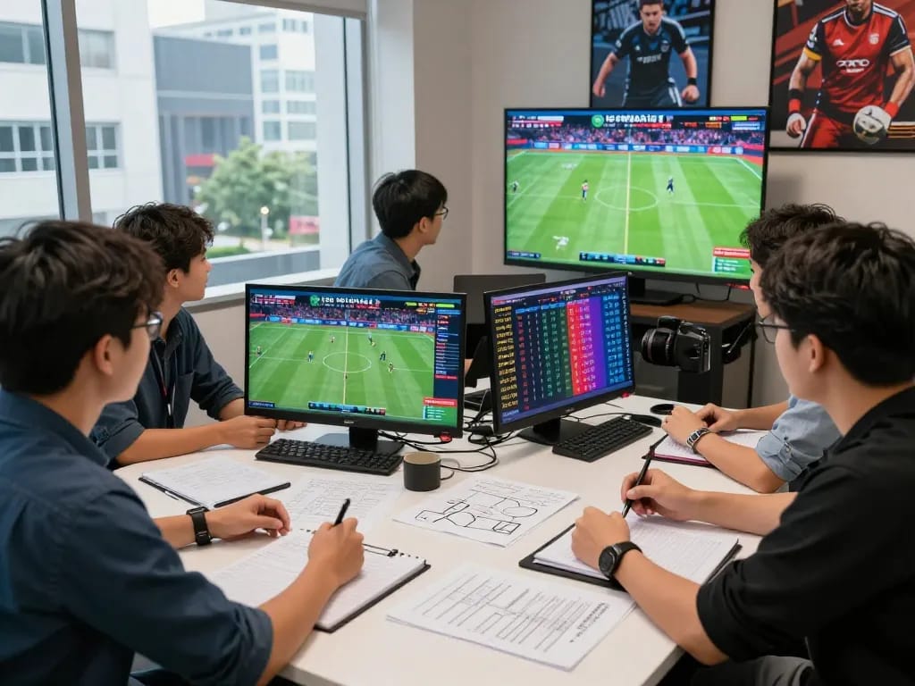 Kèo nhà cái hôm nay analysis in a dynamic sports betting room with analysts engaging over live match odds.