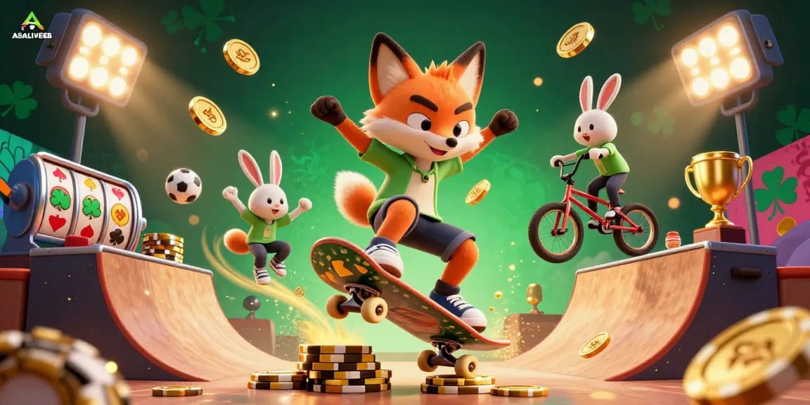 Experience the thrill of ASIALIVE88 with a dynamic gaming scene featuring energetic characters and exciting casino elements.