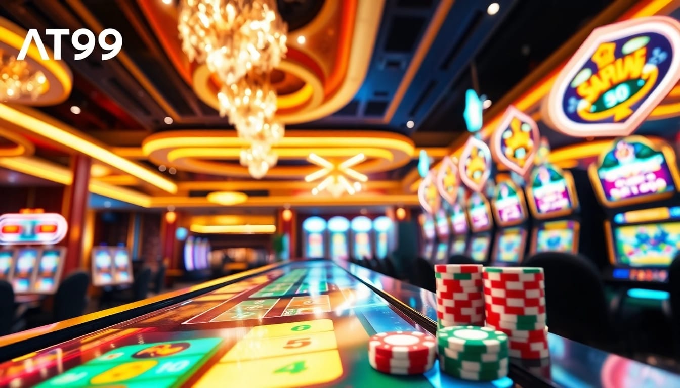 Experience the excitement of AT99娛樂城 with a vibrant casino scene showcasing gaming thrill.