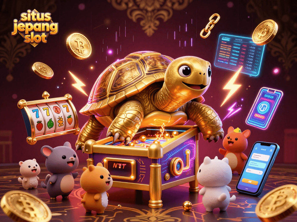 Situs jepang slot features a golden tortoise pinball machine with excited animals, slot elements, and cryptocurrency icons.