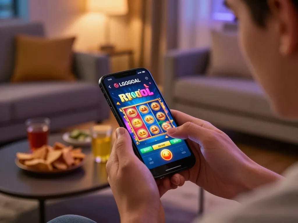 Player engaging with LGOGOAL on smartphone, showcasing mobile gaming excitement and strategy.