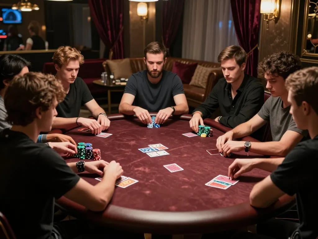 Pemain Gsc108 terlibat dalam permainan poker dengan taruhan tinggi dengan chip berwarna-warni dan fokus yang intens.
