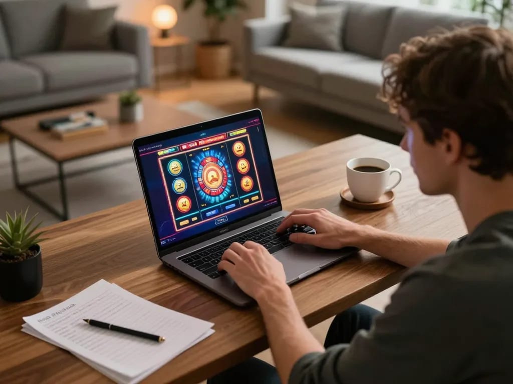 Engaging gameplay at the bedste casino uden rofus in a cozy home setup with a laptop and coffee.