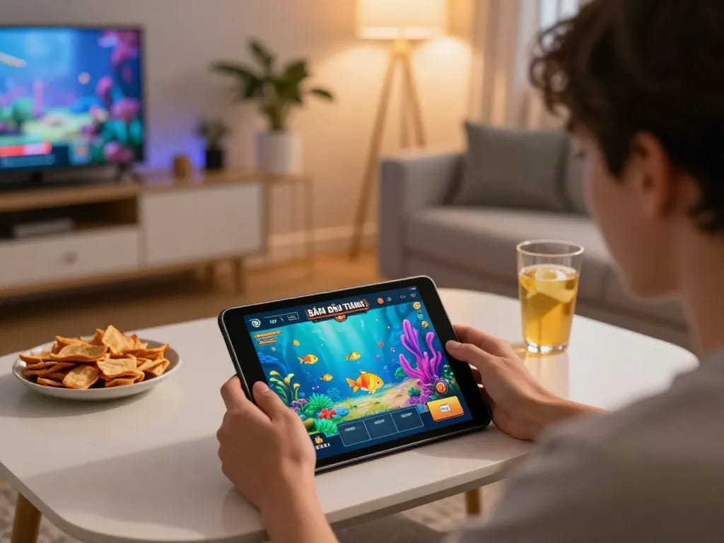Engaging in vvvwin online fishing rewards game on a tablet in a cozy home setting