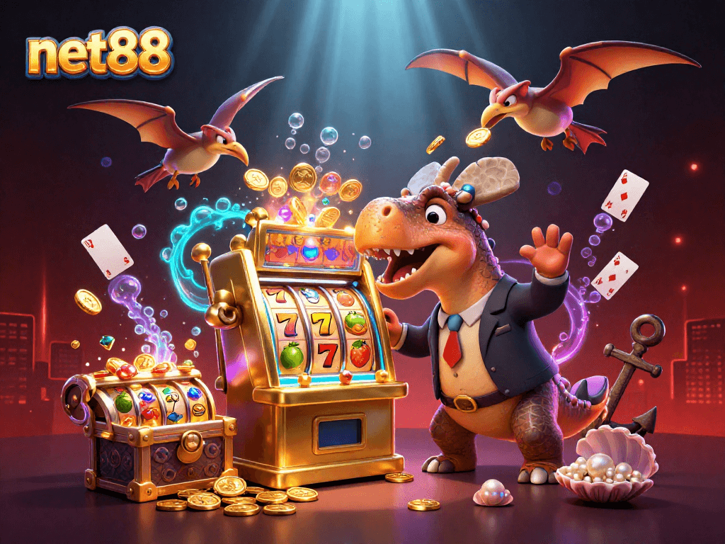net88 showcases a dynamic casino scene with a pachycephalosaurus and jackpot coins flying.