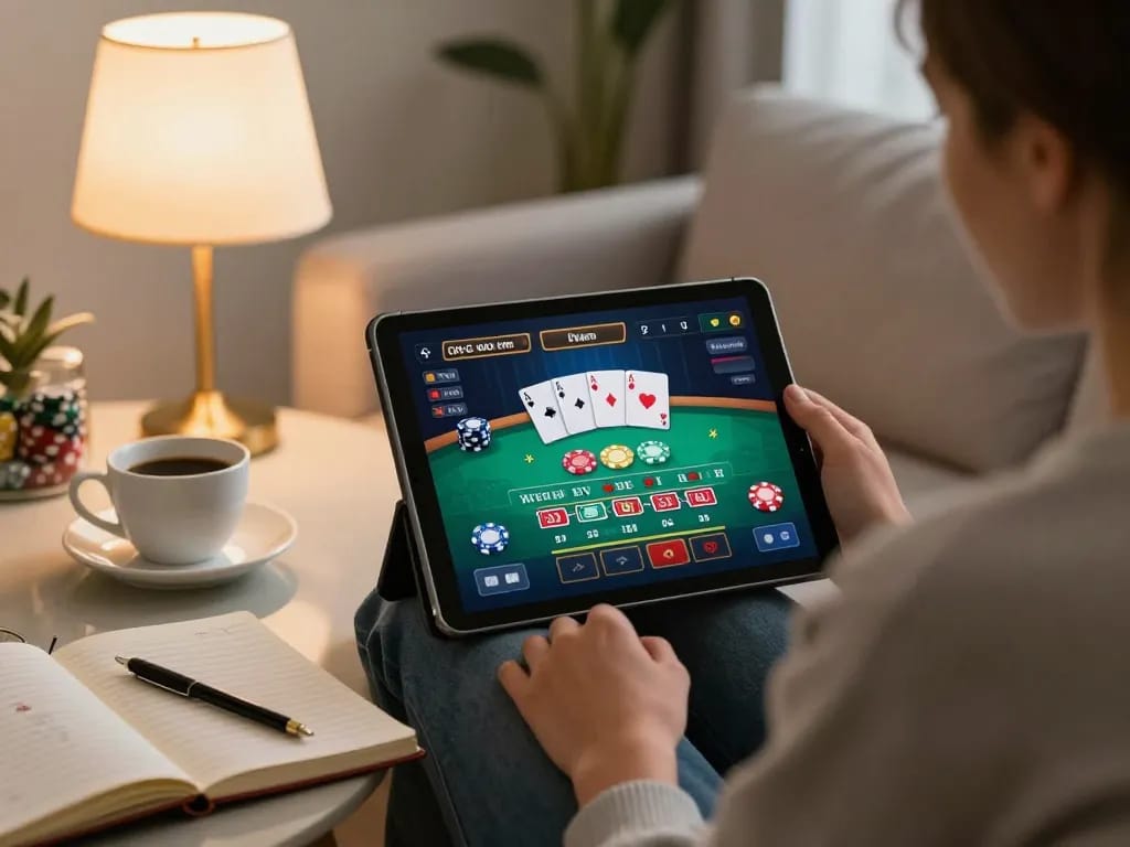Engaging in a live dealer blackjack game on luck8 from a cozy home setting, showcasing online casino experience.