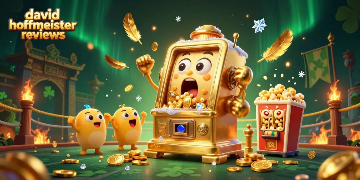 Engaging scene of david hoffmeister reviews with a golden slot machine jackpot winning, surrounded by cheering machines.