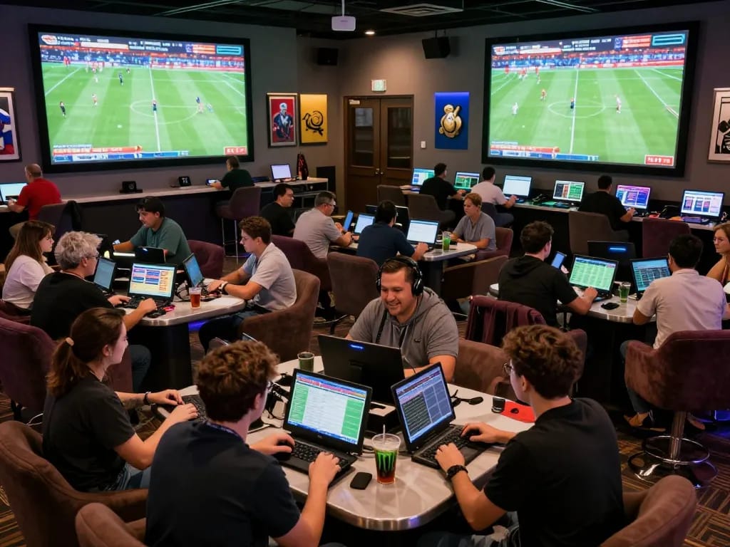 Soi Kèo sports betting enthusiasts analyzing odds in a modern casino lounge