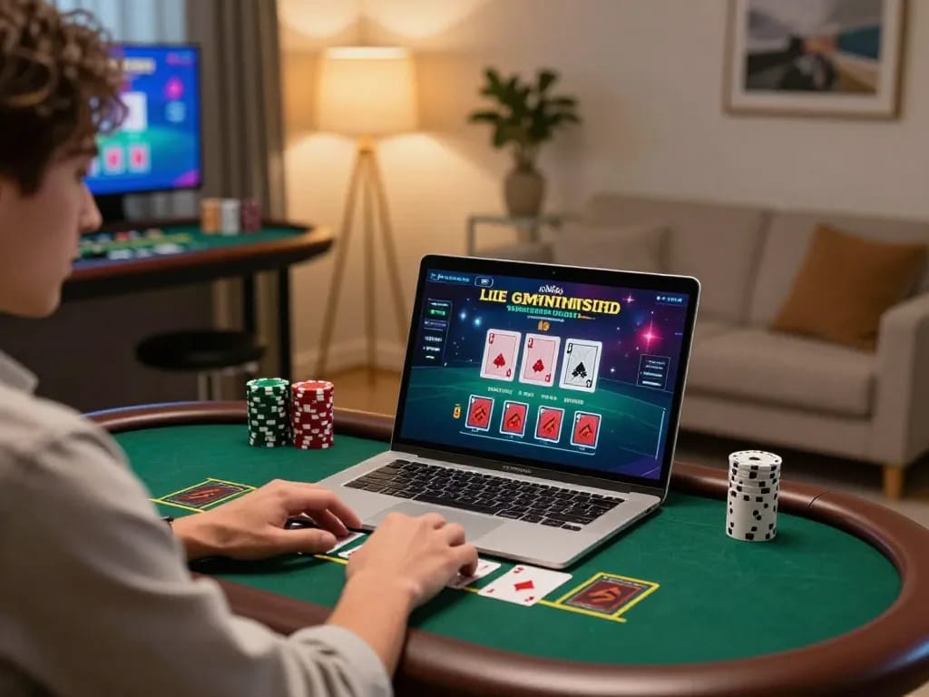 Engaging with nhà cái uy tín through online blackjack gameplay in a sophisticated home setting.