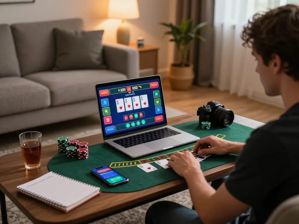 Player engaging in online casino gameplay with mb66, focusing on live blackjack and strategy notes.