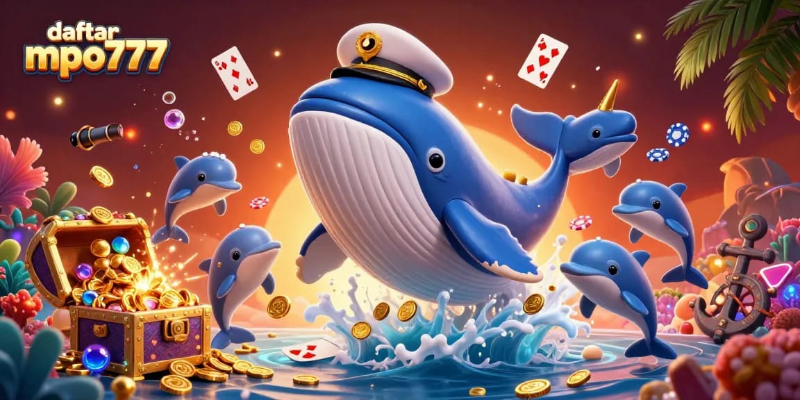 Experience daftar mpo777 with immersive 3D casino illustration featuring playful dolphins and gold coins.