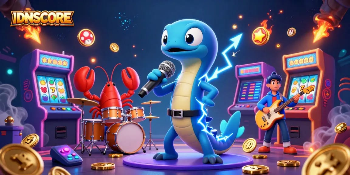IDNSCORE showcases an underwater casino scene with a DJ eel and band, featuring vibrant gaming elements.