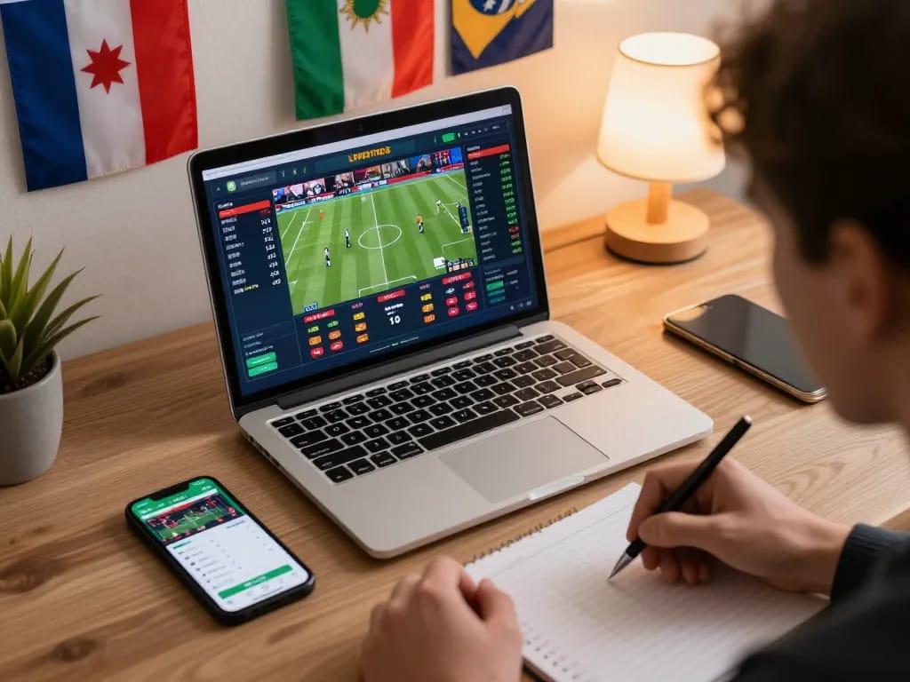 Engaging LGOSUPER sports betting scene with laptop screen showing live odds and analysis notes.