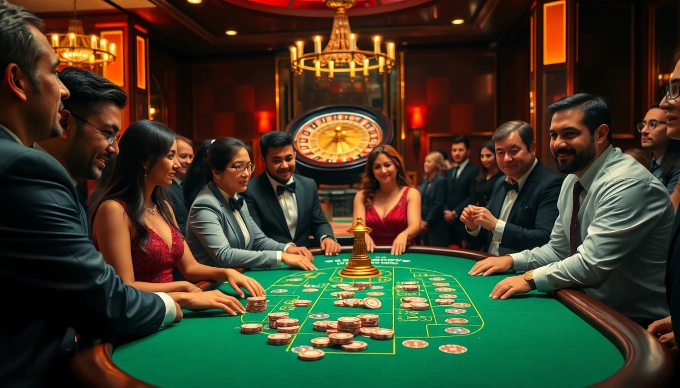 J88 players enjoy high-stakes poker at a luxurious casino table with stunning ambiance.