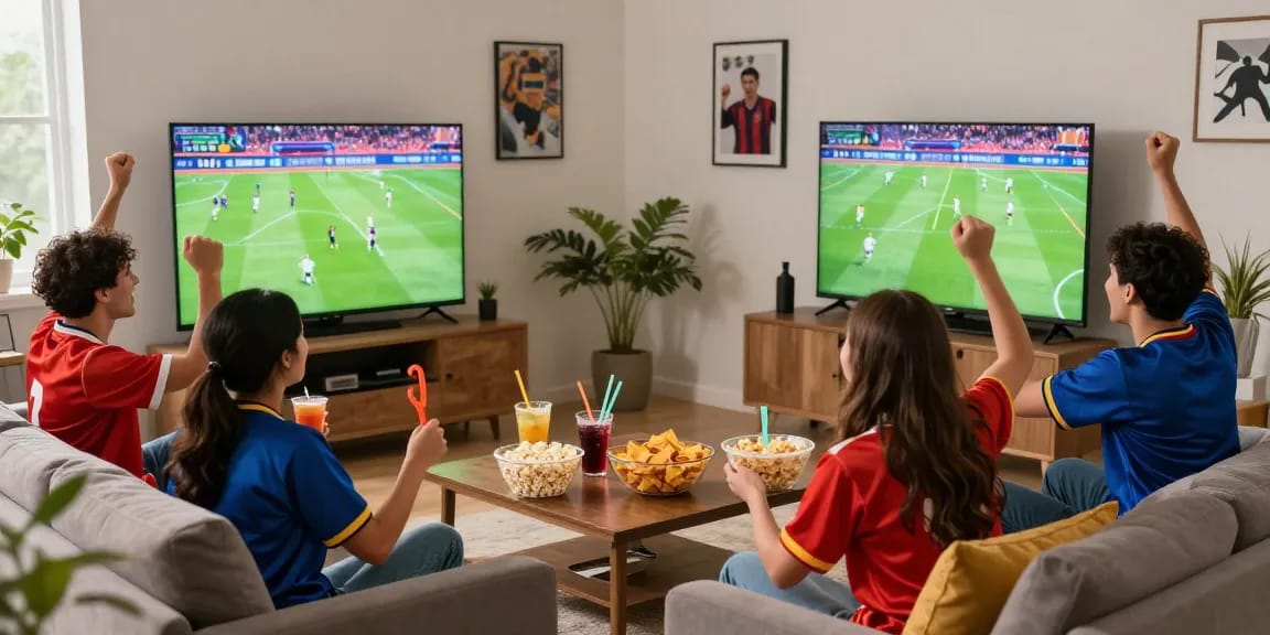 Excited friends watching a live football match, ضغط هنا للمشاهدة featured on a large screen, vibrant living room atmosphere.
