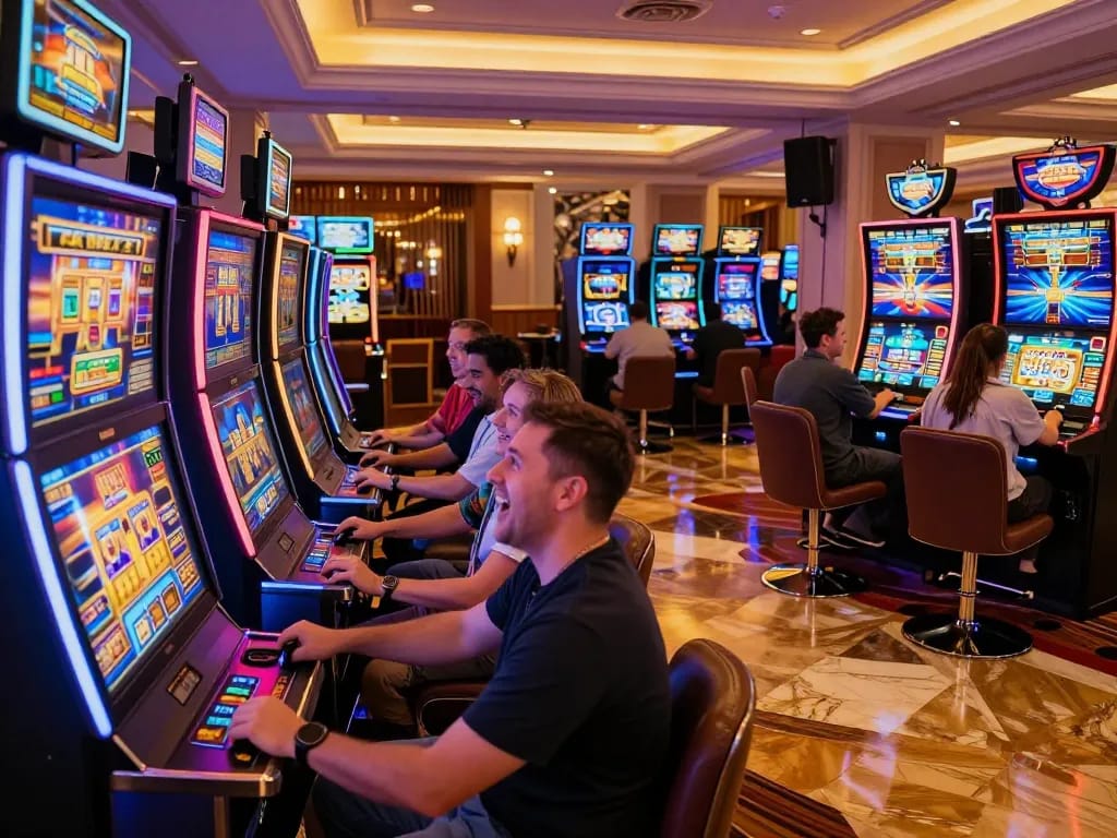 Players enjoying slot machines at a casino, experiencing gaming excitement with tx88 themed slots in vibrant illuminations.