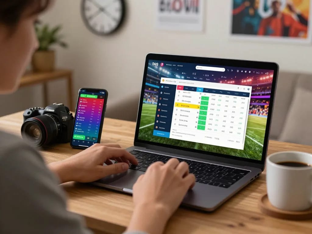 Engaging in sports betting on tg88 platform from cozy home office with laptop and smartphone