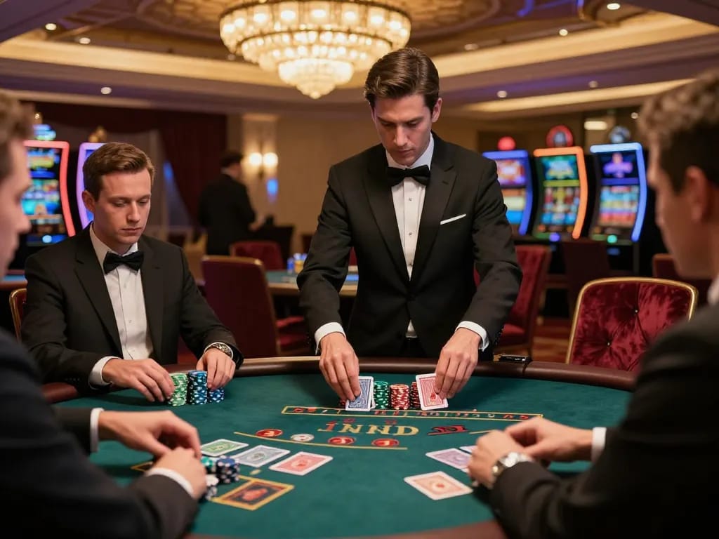 Players engaging in intense blackjack gameplay at vipwin casino, dealer shuffling cards with a luxurious atmosphere