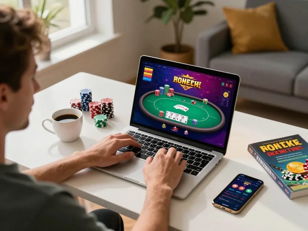 Engaging player using online casino app for sunwin poker gaming at home, showcasing strategic gameplay.