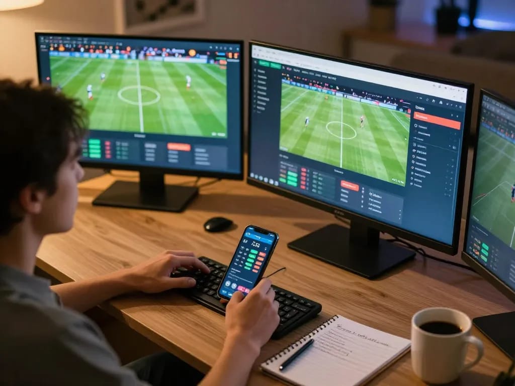 Cakhia TV displayed on multiple screens during an intense online betting session at home, showcasing football match data and strategies.