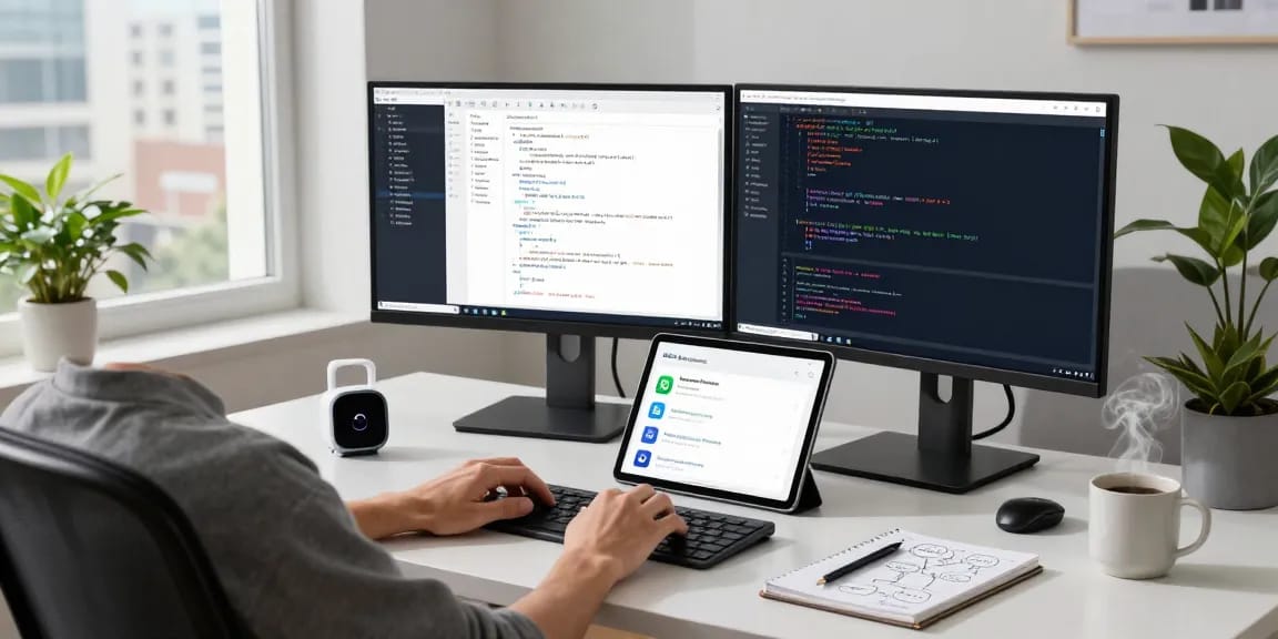MoltBot personal AI assistant in a modern workspace, with tasks displayed on dual monitors, showcasing productivity and automation.