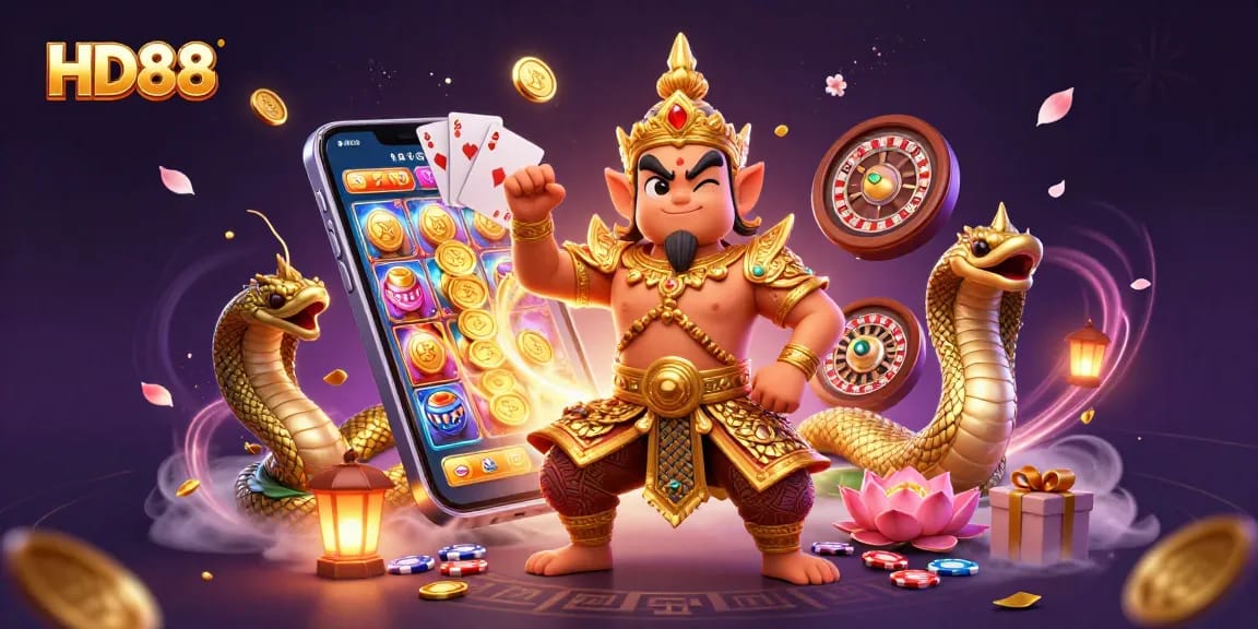Engage with HD88's vibrant gaming scene featuring slot games, golden coins, and lively characters.