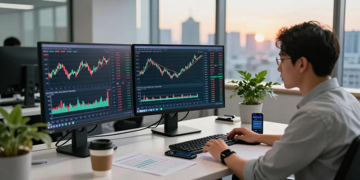 Анализ данных криптовалют на бирже BitMEX в современном офисе с эффектным видом на город.