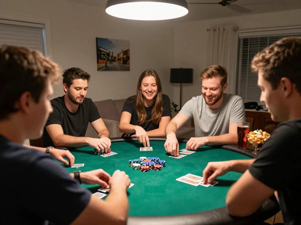 SC88 poker game night scene with friends enjoying competitive atmosphere and vibrant poker chips