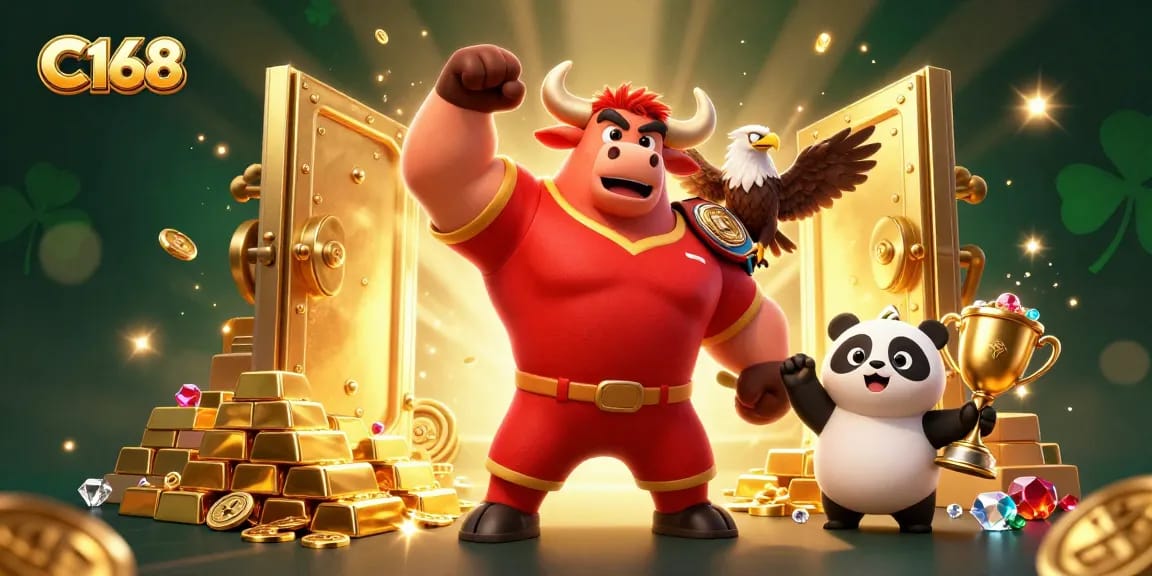 C168 offers thrilling casino excitement with a vibrant scene featuring a victorious bull mascot, eagle, and panda.
