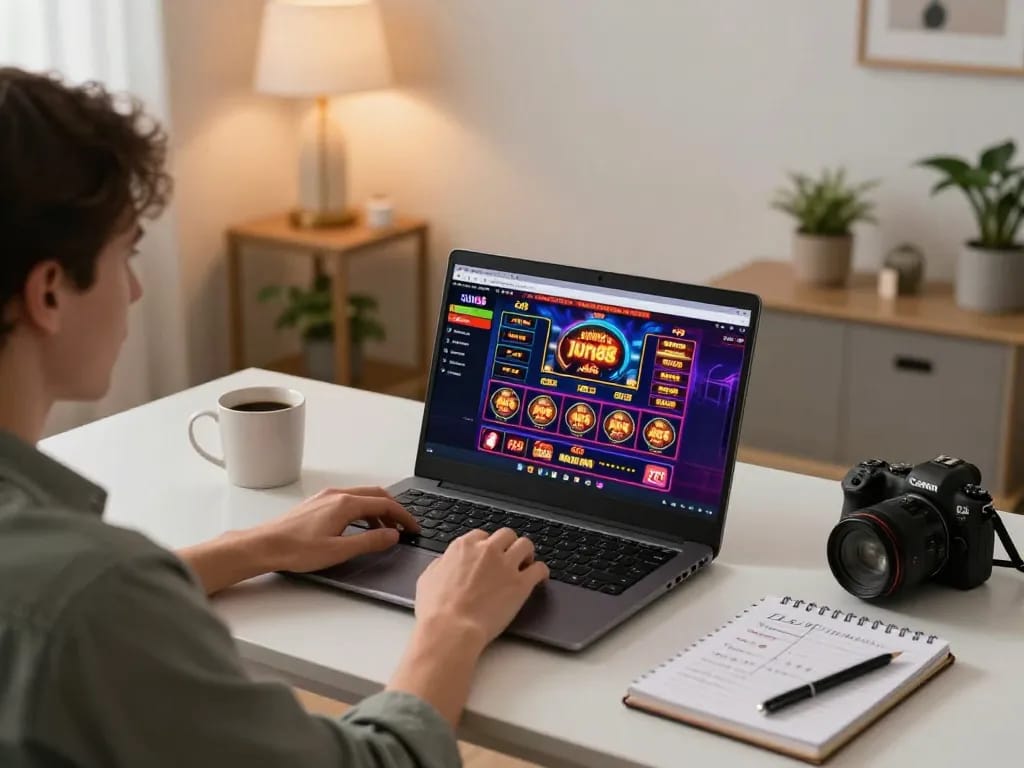Player engaging with Jun88 online casino on a laptop, showcasing vibrant game interface and strategic setup.