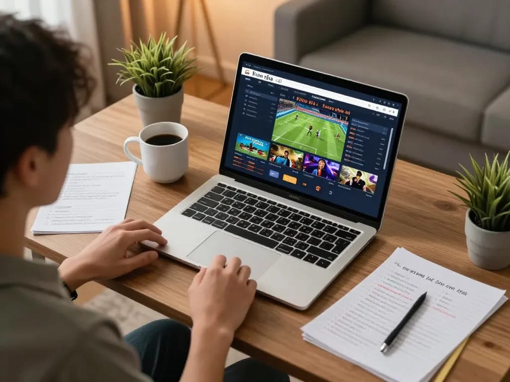 Engaging online betting scene featuring keo nha cai displayed on a laptop at a stylish home office.