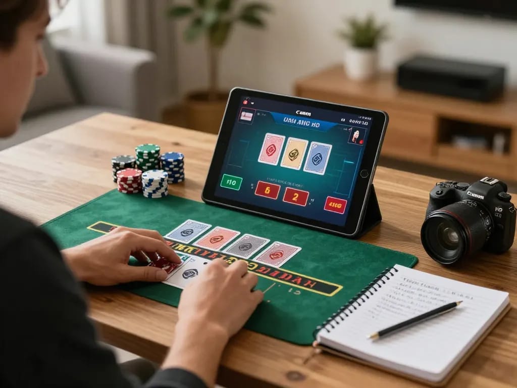 Player enjoying a live dealer game on 78win in a cozy home setting with strategic notes