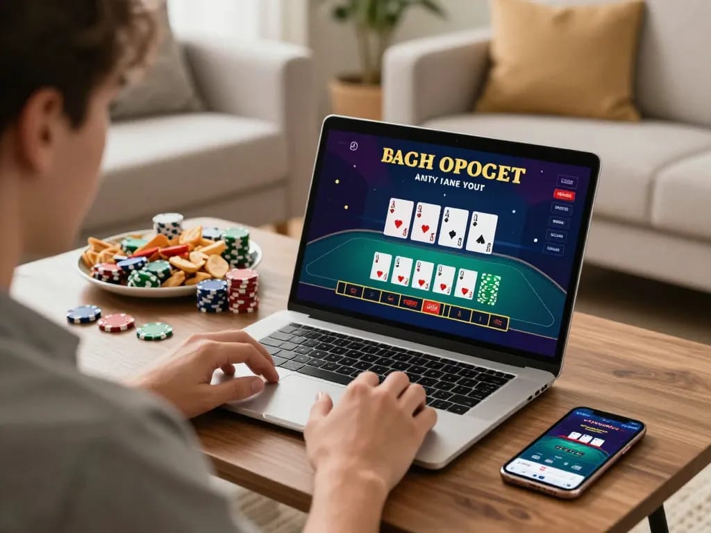 Player enjoying mb66 blackjack game on laptop with snacks in a cozy home setting.
