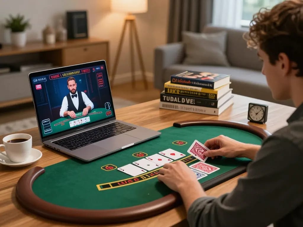 Player enjoying a live blackjack game on tr88 with laptop showing cards and dealer