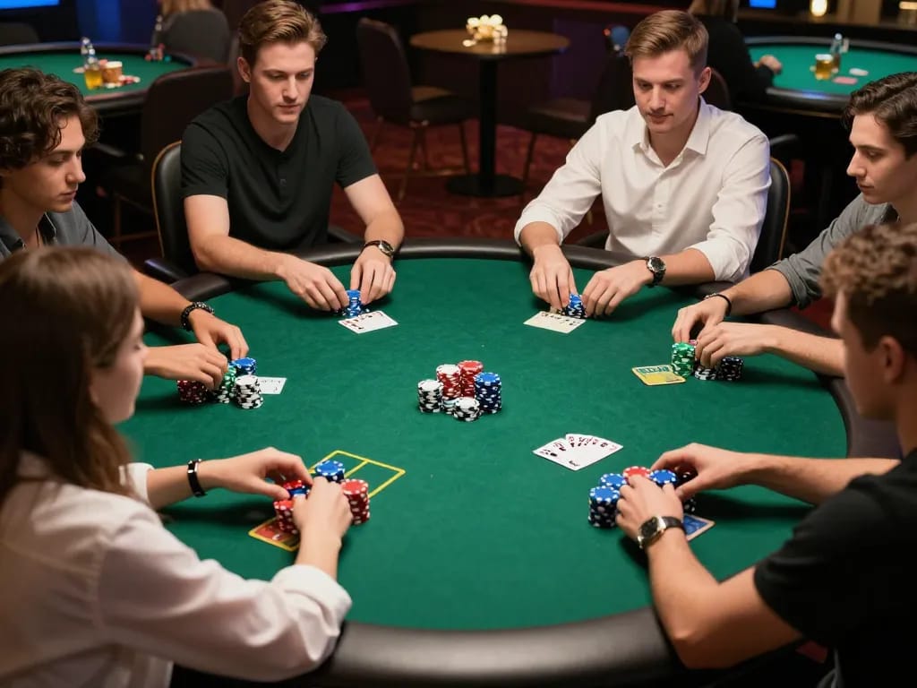 Players enjoy competitive Texas Hold'em poker on Pokerseri with lively discussion and vibrant chips.