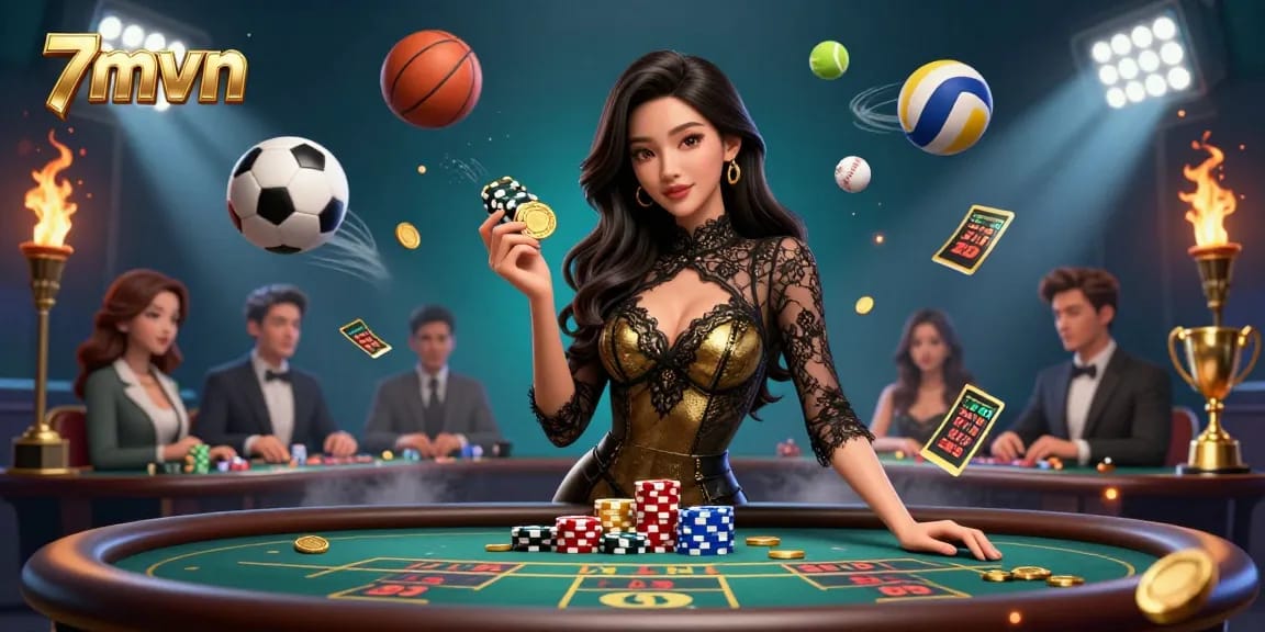 Betting high stakes at 7mvn with a glamorous woman at a VIP table featuring sports elements.