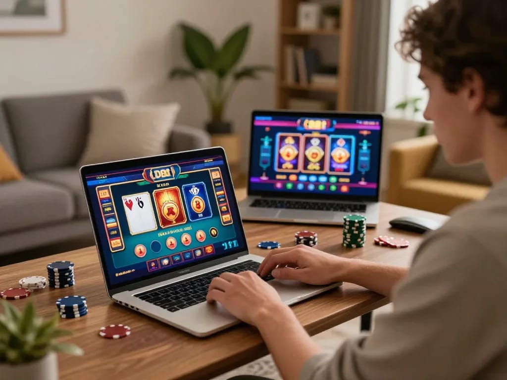 Player engaging with TR88 online casino games on laptop in cozy home setting