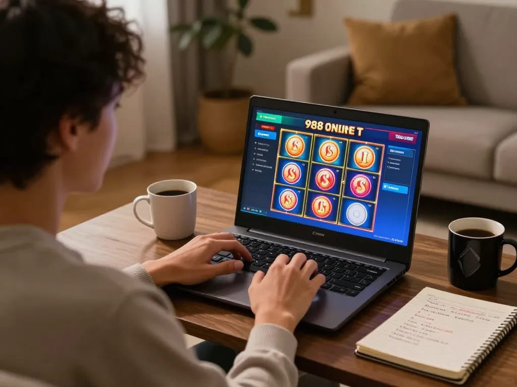 Engaging with 988slot online gaming on a laptop in a comfortable home setting.