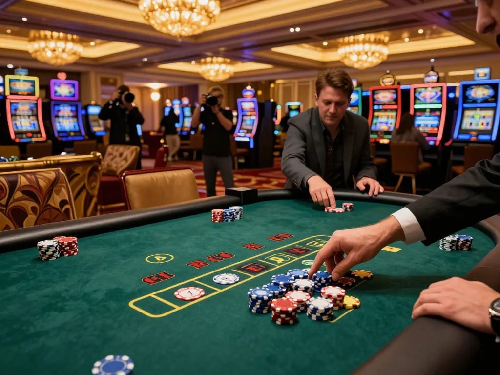 F168 blackjack table in luxurious casino with players engaged in high-stakes betting activity