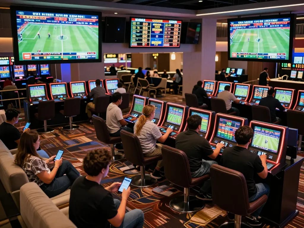 Dynamic sports betting scene at LV88 casino with engaged bettors watching live games