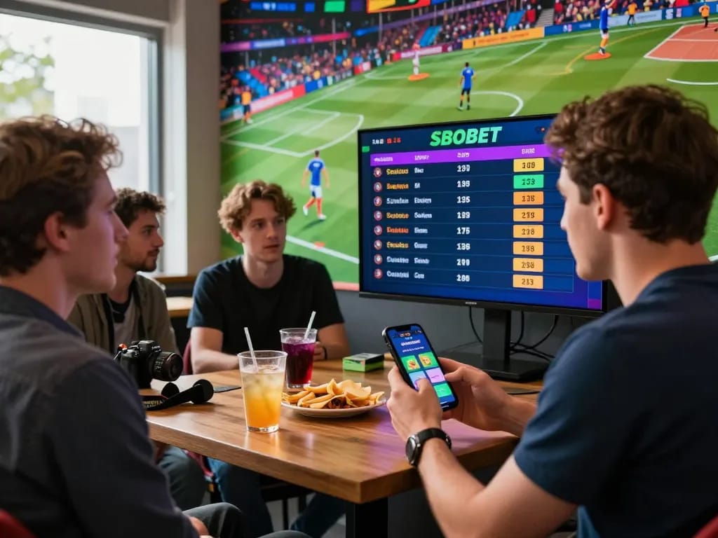 Engaged group analyzing SBOBET odds in a lively betting environment.