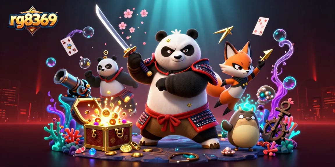 Experience the thrill of rg8369 with a dynamic samurai panda and ninja fox in a vibrant casino scene.