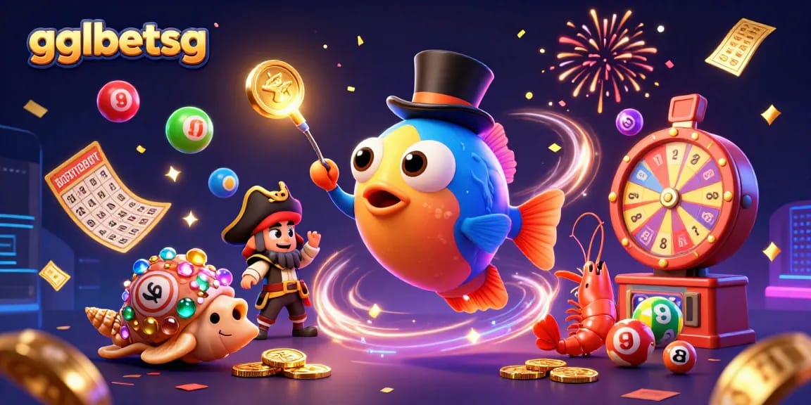Exciting gglbetsg scene with an anglerfish attracting golden coins amidst colorful lottery balls and confetti.