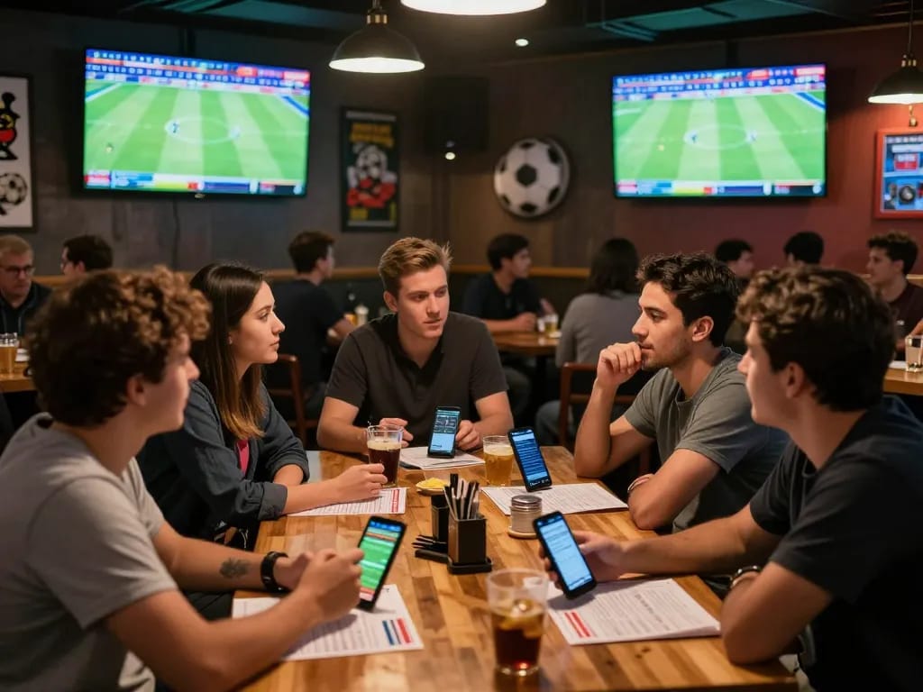 KÈO TRỰC TUYẾN shows excited fans placing bets in a vibrant sports bar atmosphere during live matches
