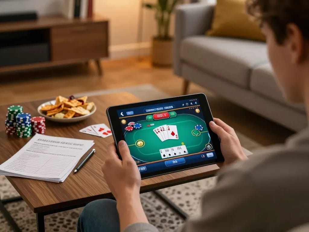 Engaging in online gambling with vipwin, a player uses a tablet in a cozy home setting during a lively poker game.